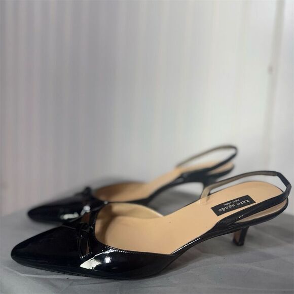Kate Spade Black Patent Leather Slingback Heels 7B Italy Bow Kitten Y2K Chic - Picture 1 of 9